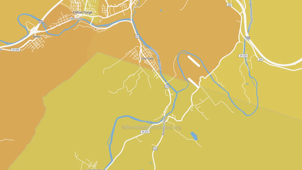 Map of the best neighborhoods in the Iron Gate area, with better matches in green and worse matches in red