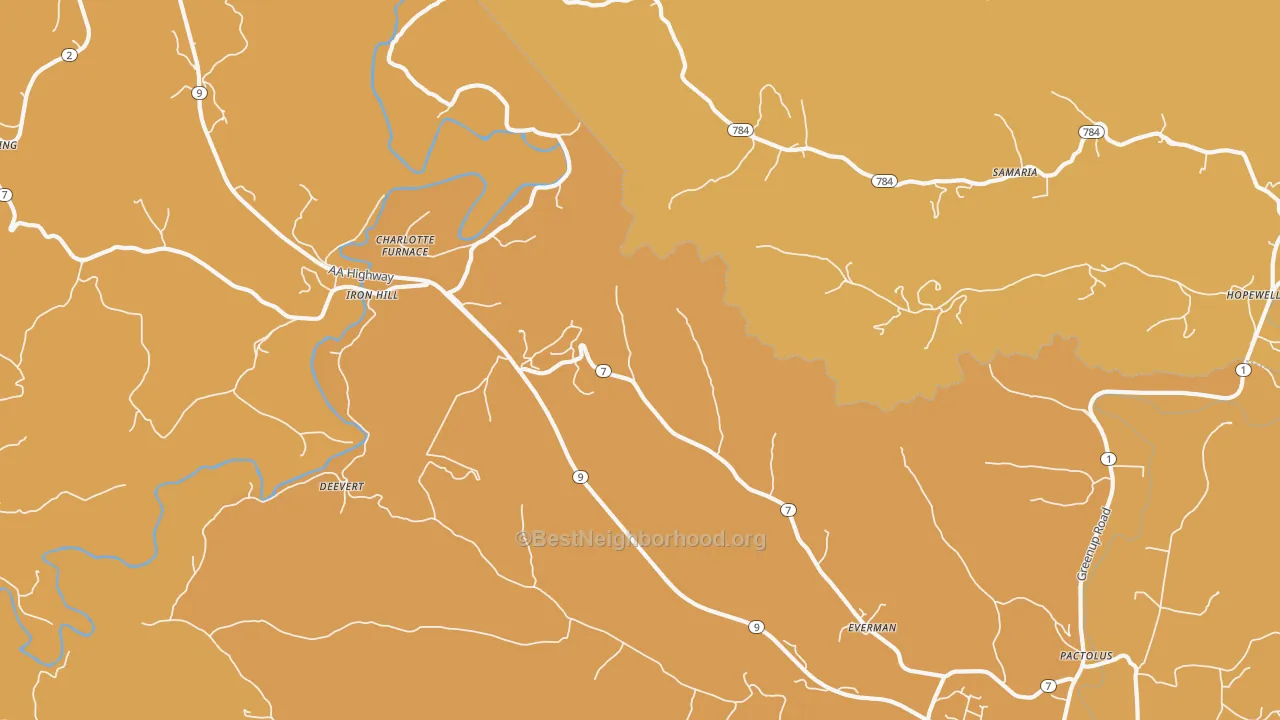 Map of the best neighborhoods in the Iron Hill area, with better matches in green and worse matches in red
