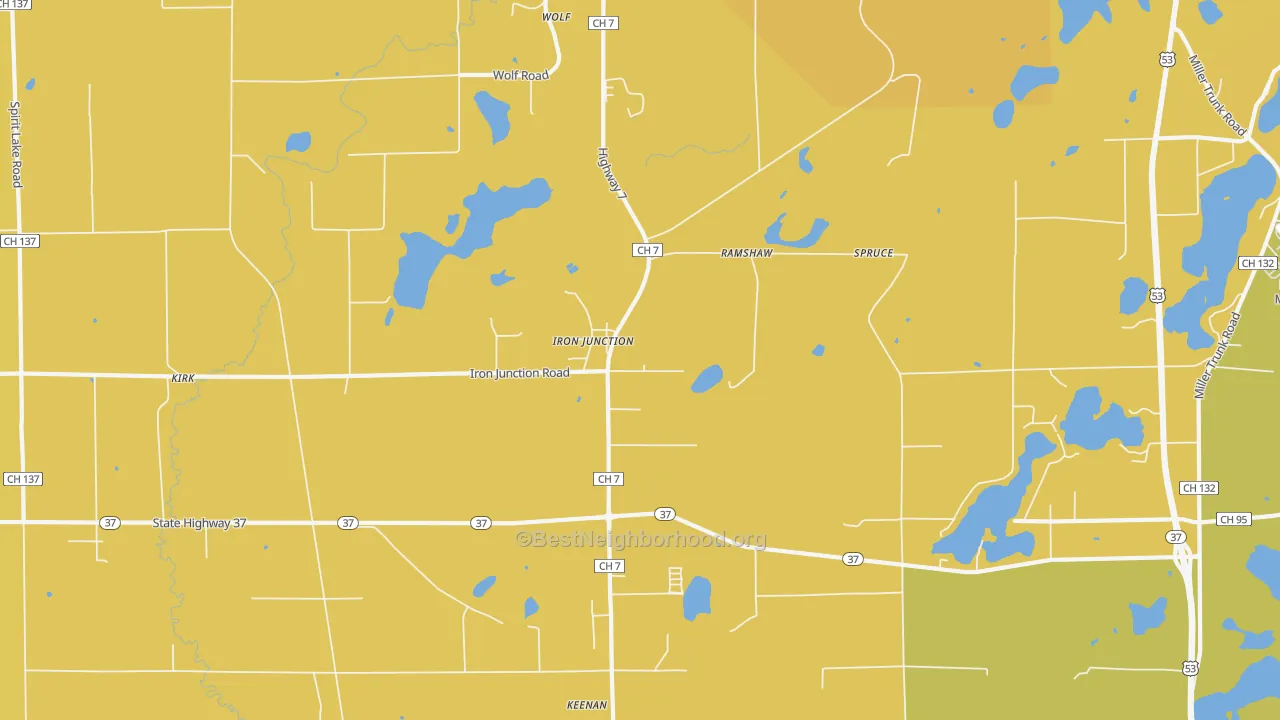 Map of the best neighborhoods in the Iron Junction area, with better matches in green and worse matches in red