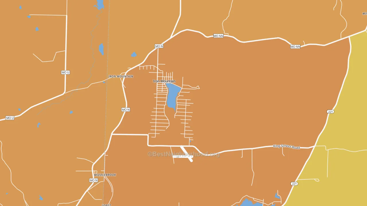 Map of the best neighborhoods in the Iron Mountain Lake area, with better matches in green and worse matches in red