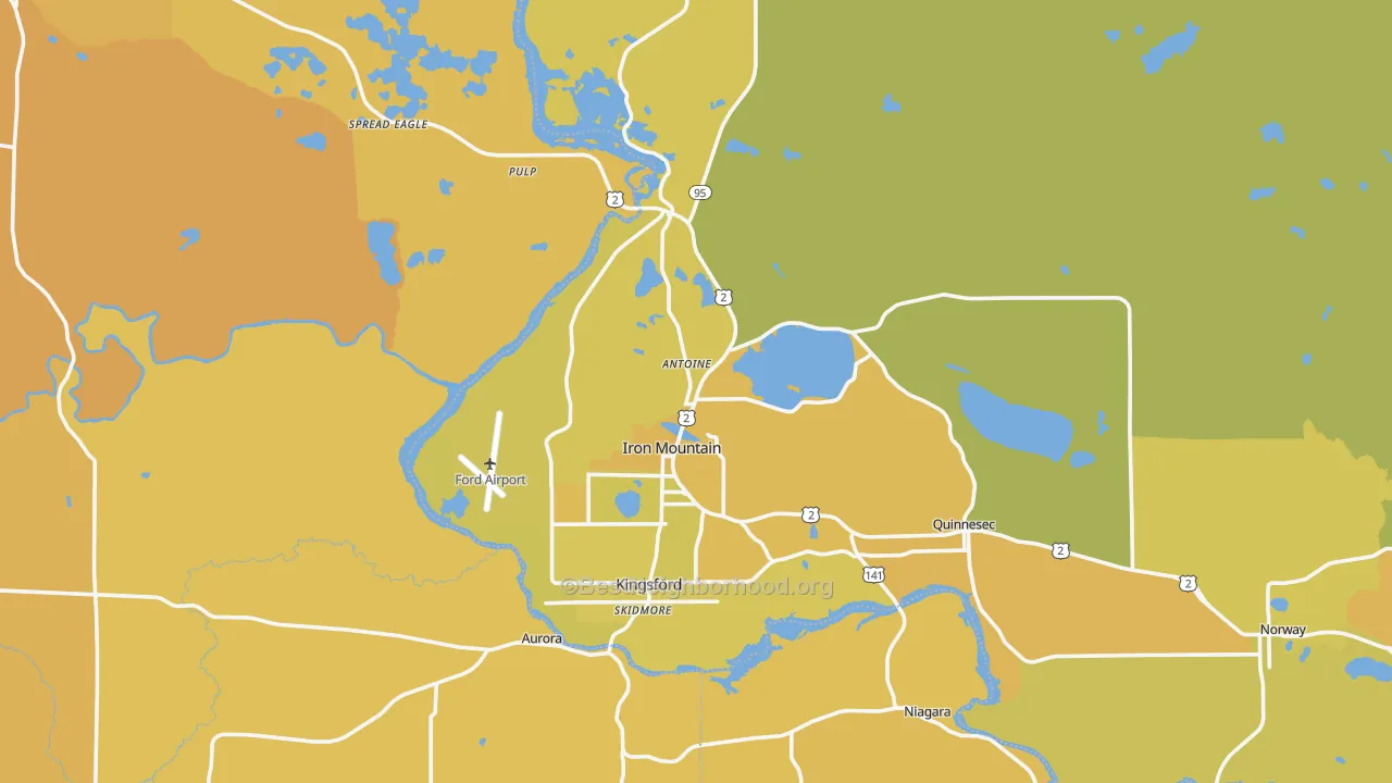 Map of the best neighborhoods in the Iron Mountain area, with better matches in green and worse matches in red