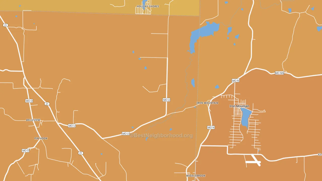 Map of the best neighborhoods in the Iron Mountain area, with better matches in green and worse matches in red