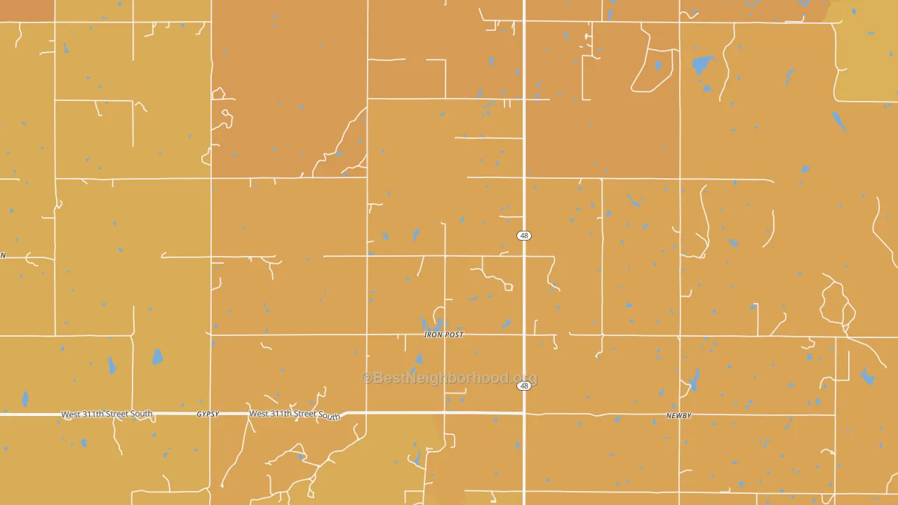 Map of the best neighborhoods in the Iron Post area, with better matches in green and worse matches in red
