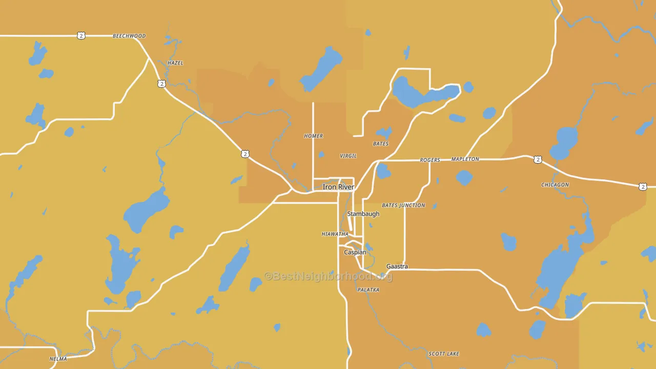 Map of the best neighborhoods in the Iron River area, with better matches in green and worse matches in red