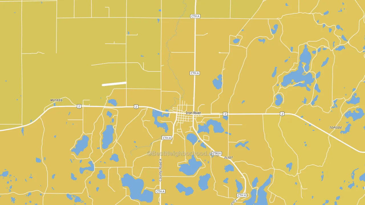 Map of the best neighborhoods in the Iron River area, with better matches in green and worse matches in red