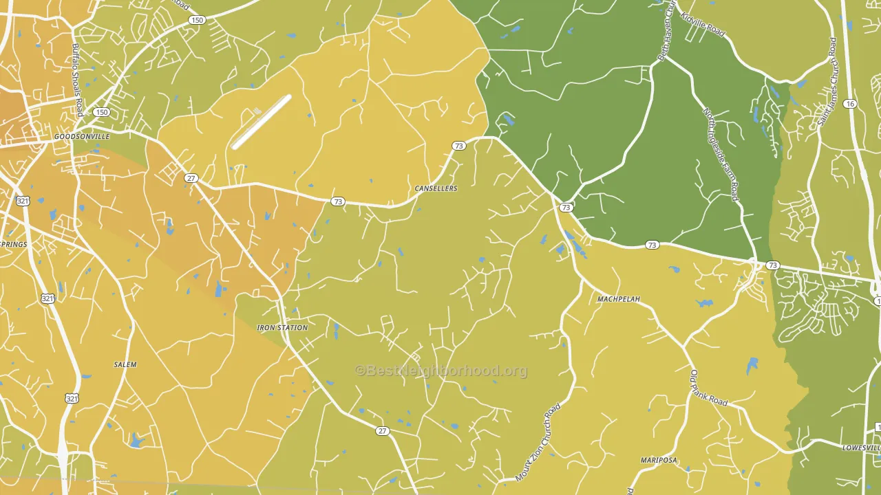 Map of the best neighborhoods in the Iron Station area, with better matches in green and worse matches in red