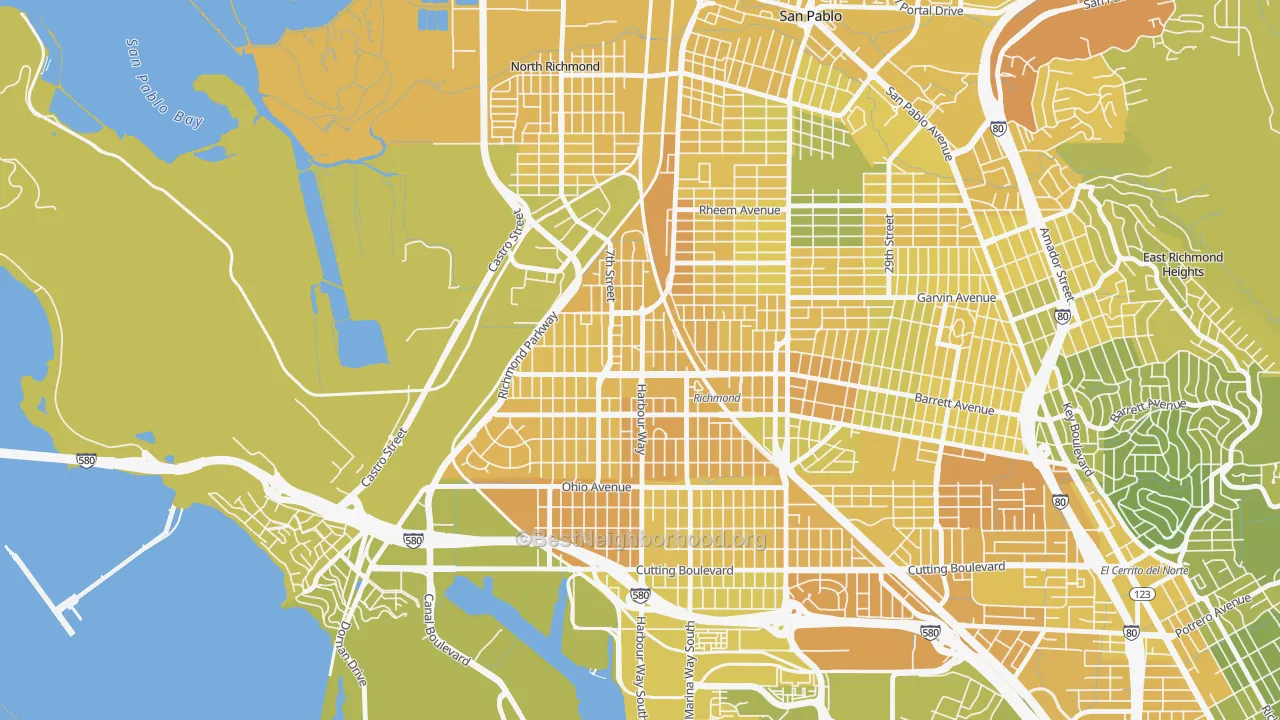 Map of the best neighborhoods in the Iron Triangle, Richmond area, with better matches in green and worse matches in red