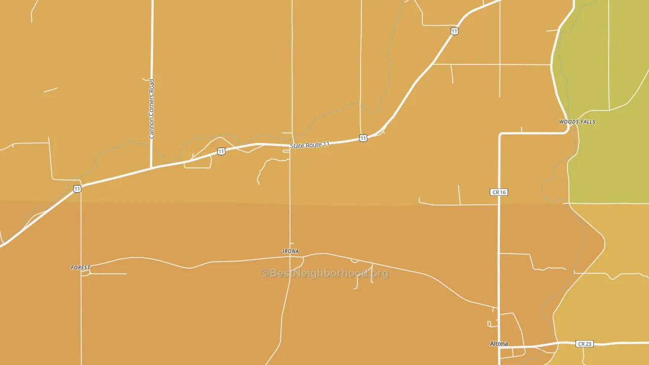 Map of the best neighborhoods in the Irona area, with better matches in green and worse matches in red
