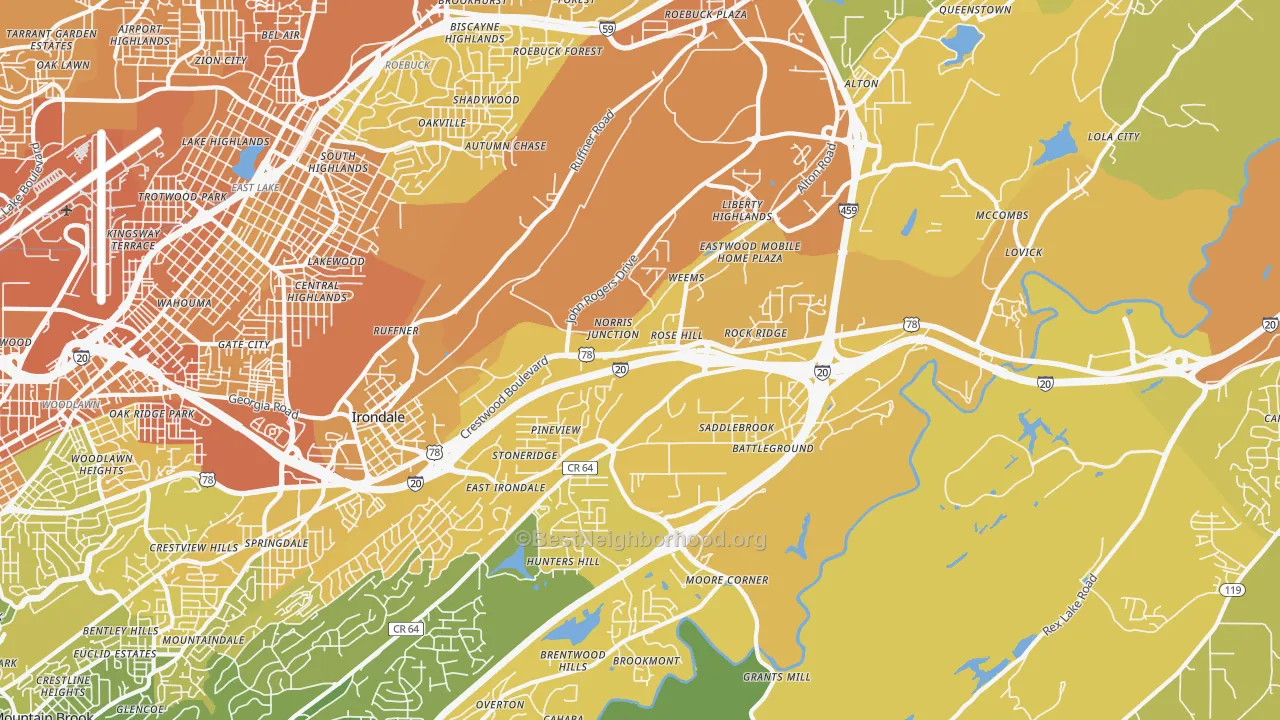 Map of the best neighborhoods in the Irondale area, with better matches in green and worse matches in red