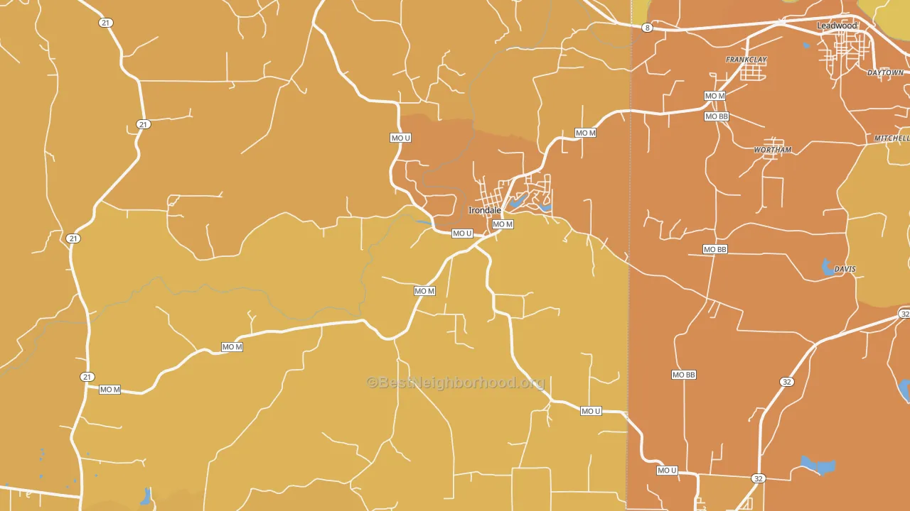 Map of the best neighborhoods in the Irondale area, with better matches in green and worse matches in red