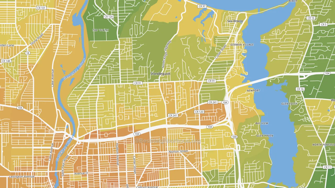 Map of the best neighborhoods in the Irondequoit area, with better matches in green and worse matches in red