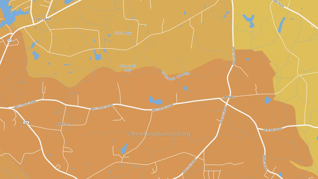 Map of the best neighborhoods in the Ironhill area, with better matches in green and worse matches in red