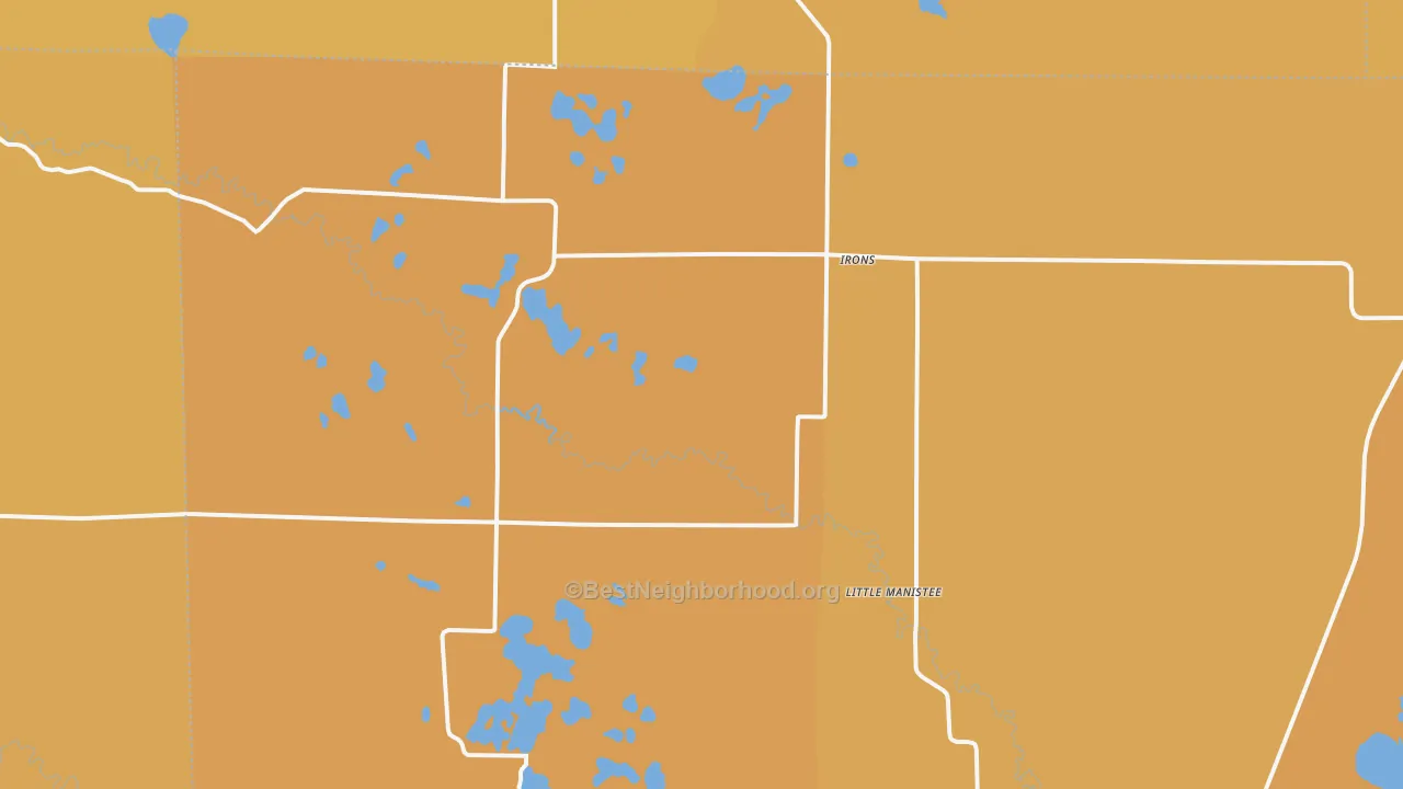 Map of the best neighborhoods in the Irons area, with better matches in green and worse matches in red