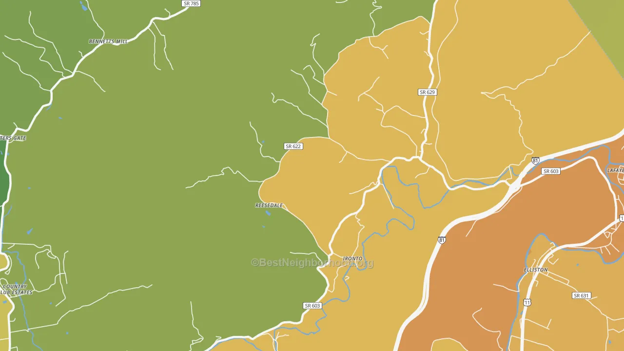 Map of the best neighborhoods in the Ironto area, with better matches in green and worse matches in red