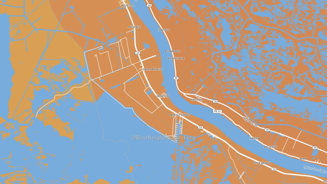 Map of the best neighborhoods in the Ironton area, with better matches in green and worse matches in red