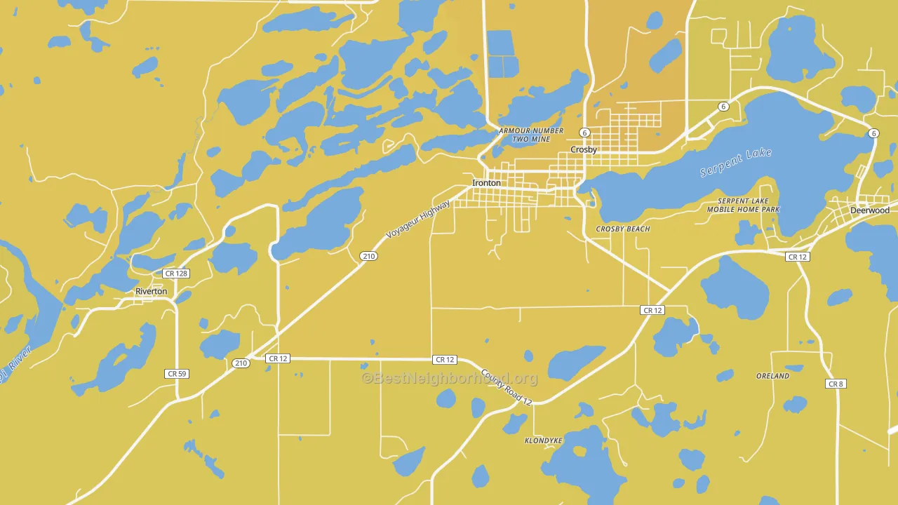 Map of the best neighborhoods in the Ironton area, with better matches in green and worse matches in red