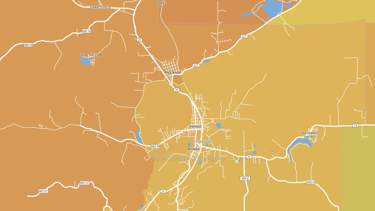 Map of the best neighborhoods in the Ironton area, with better matches in green and worse matches in red