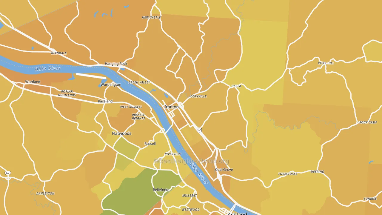 Map of the best neighborhoods in the Ironton area, with better matches in green and worse matches in red