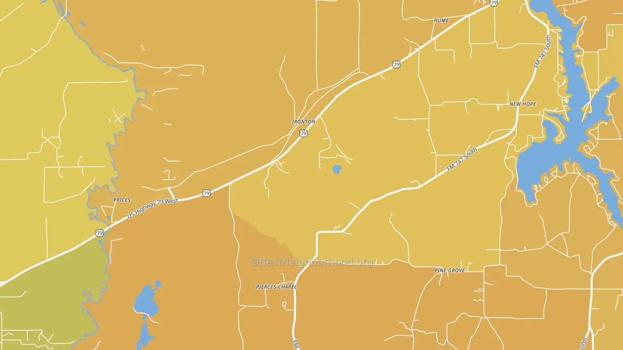 Map of the best neighborhoods in the Ironton area, with better matches in green and worse matches in red