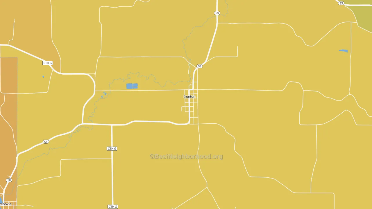 Map of the best neighborhoods in the Ironton area, with better matches in green and worse matches in red