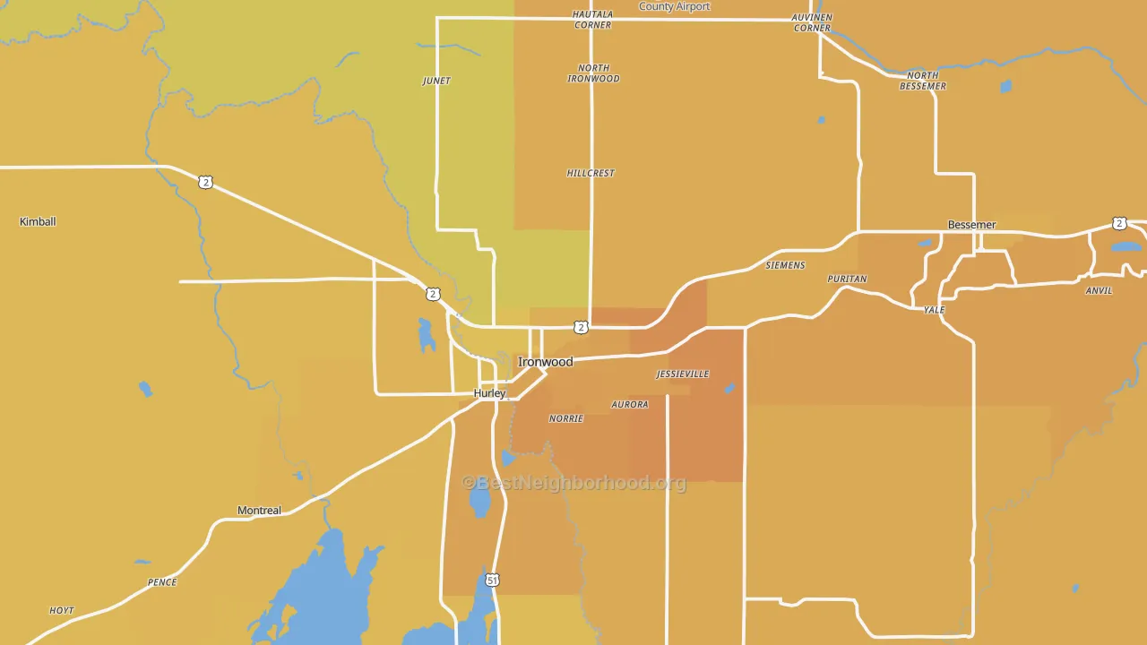 Map of the best neighborhoods in the Ironwood area, with better matches in green and worse matches in red