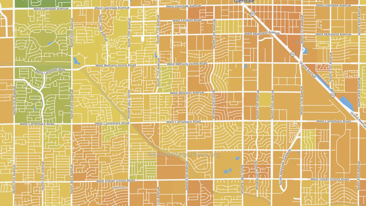 Map of the best neighborhoods in the Ironwood Terrace, Glendale area, with better matches in green and worse matches in red