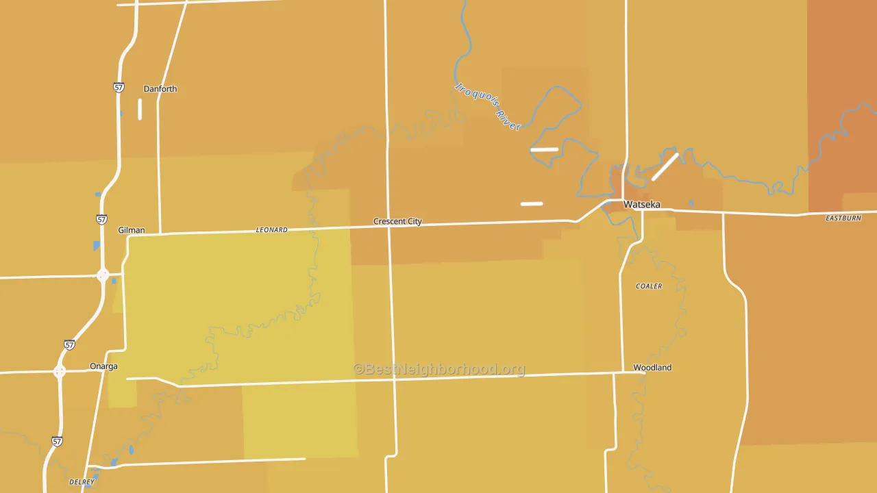 Map of the best neighborhoods in the Iroquois County area, with better matches in green and worse matches in red