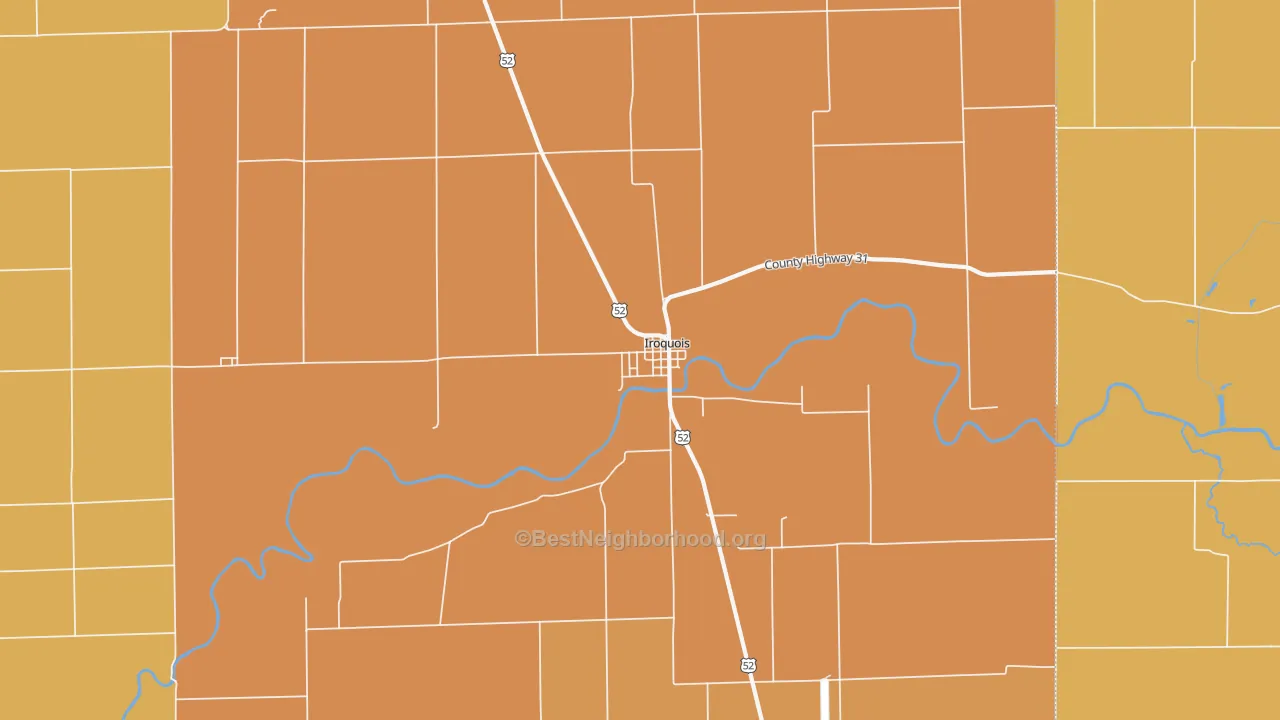 Map of the best neighborhoods in the Iroquois area, with better matches in green and worse matches in red