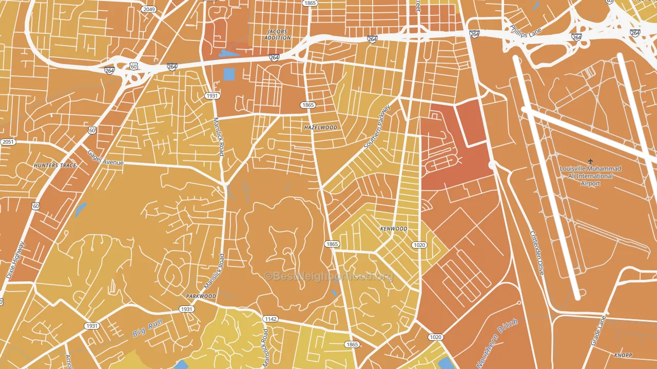 Map of the best neighborhoods in the Iroquois, Louisville area, with better matches in green and worse matches in red