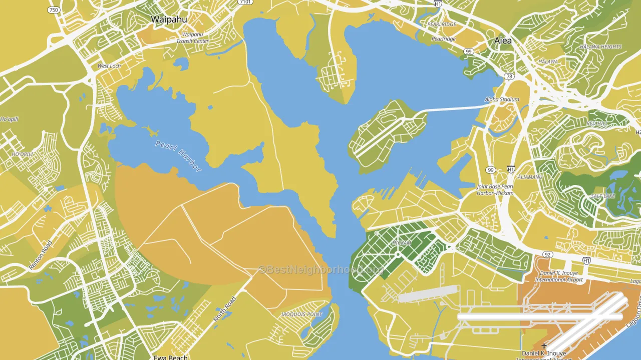 Map of the best neighborhoods in the Iroquois Point area, with better matches in green and worse matches in red