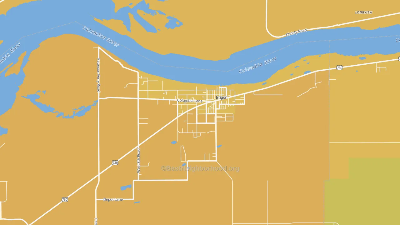 Map of the best neighborhoods in the Irrigon area, with better matches in green and worse matches in red