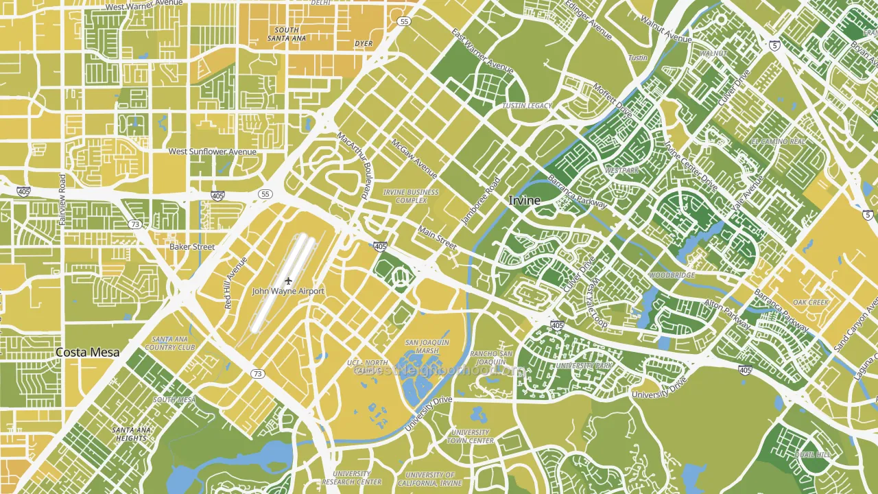 Map of the best neighborhoods in the Irvine Business Complex, Irvine area, with better matches in green and worse matches in red