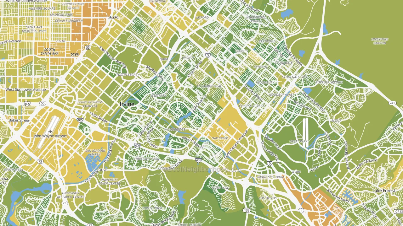 Map of the best neighborhoods in the Irvine area, with better matches in green and worse matches in red