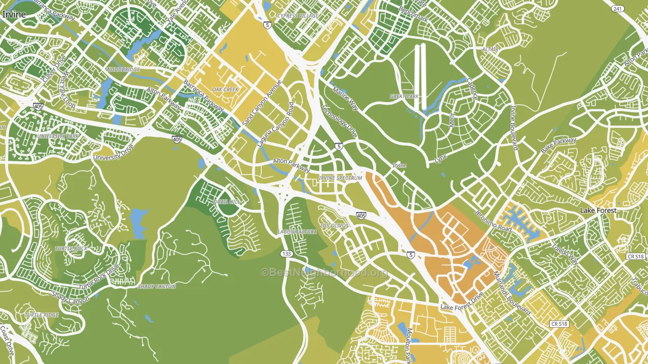 Map of the best neighborhoods in the Irvine Health and Science Complex, Irvine area, with better matches in green and worse matches in red