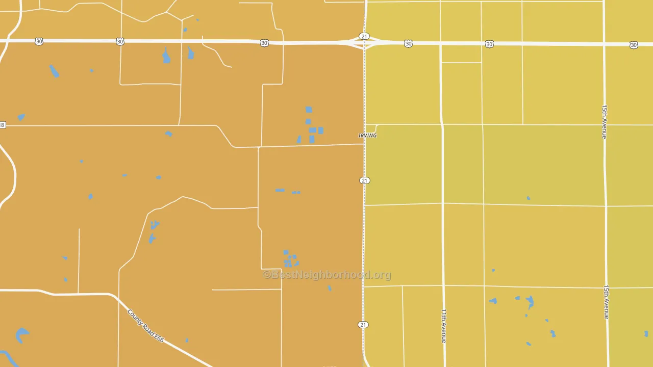 Map of the best neighborhoods in the Irving area, with better matches in green and worse matches in red
