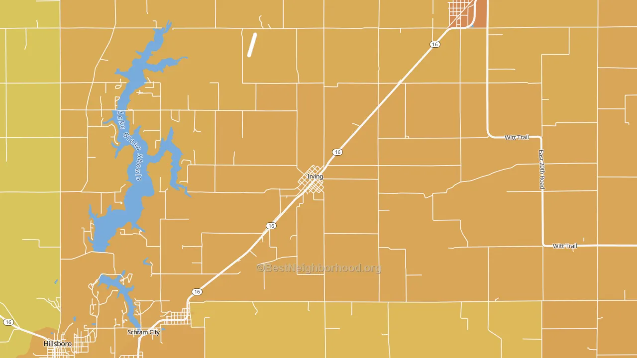 Map of the best neighborhoods in the Irving area, with better matches in green and worse matches in red