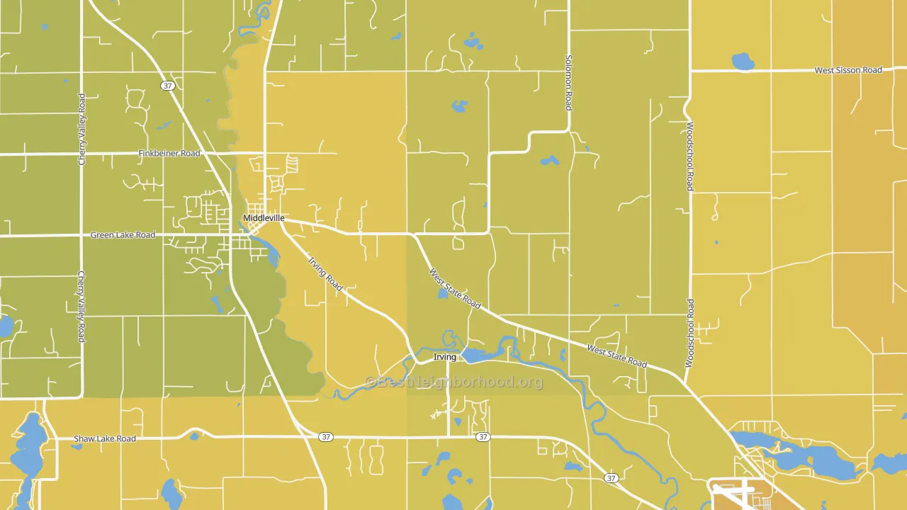 Map of the best neighborhoods in the Irving area, with better matches in green and worse matches in red