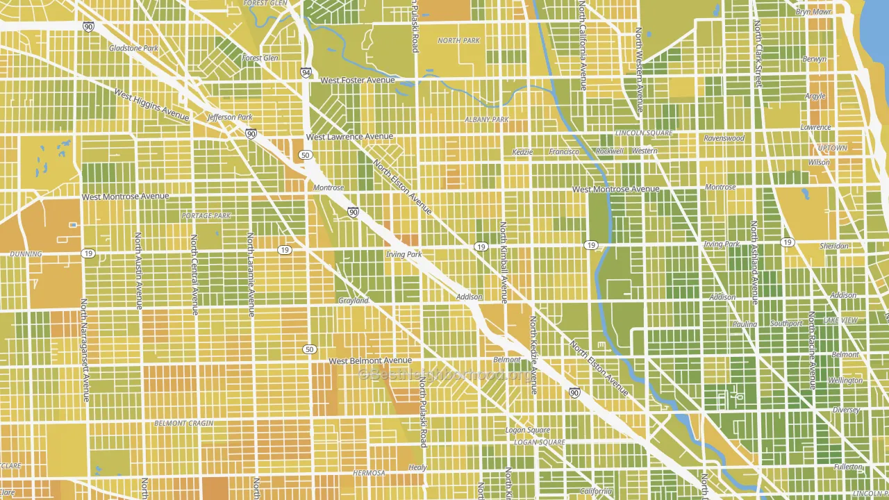 Map of the best neighborhoods in the Irving Park, Chicago area, with better matches in green and worse matches in red