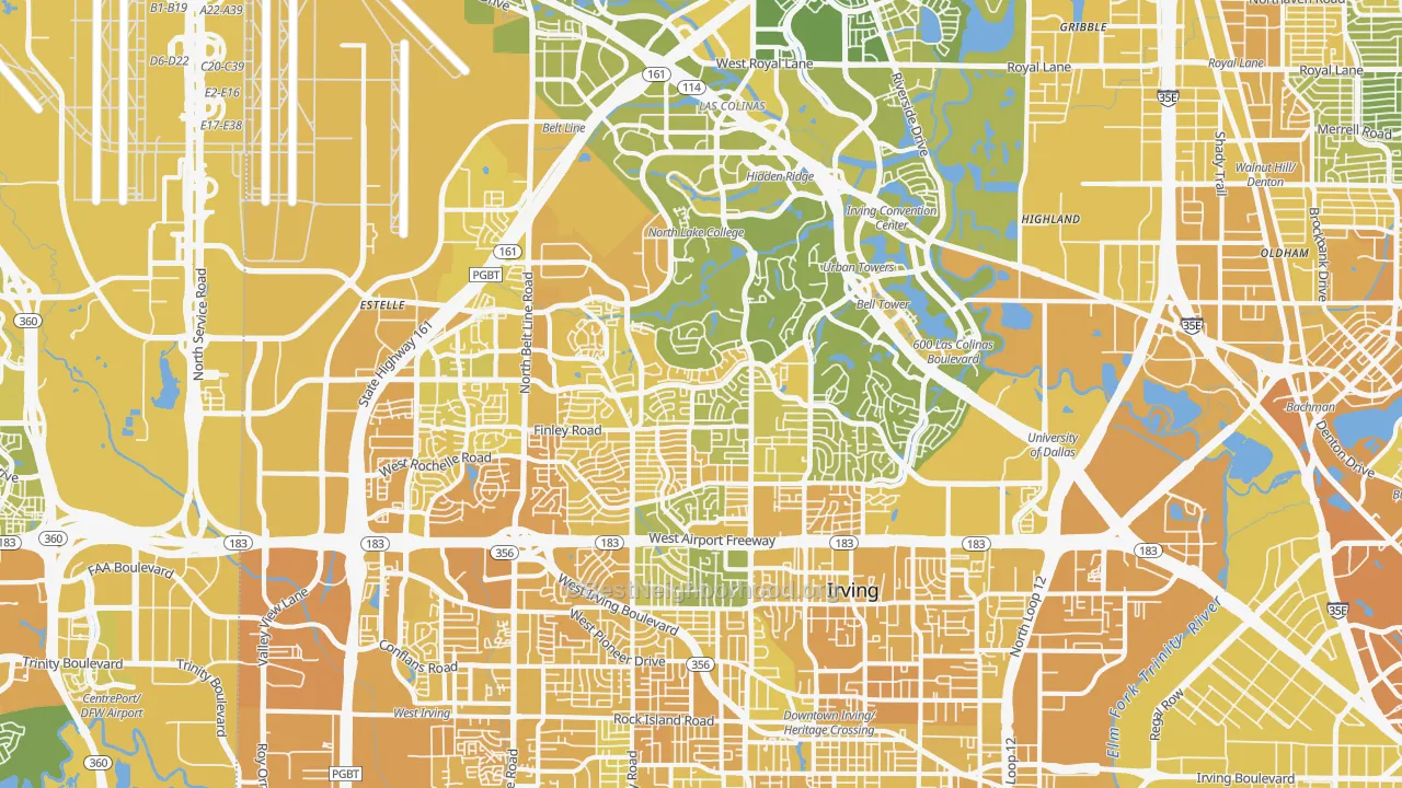Map of the best neighborhoods in the Irving area, with better matches in green and worse matches in red