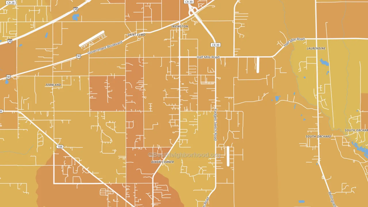 Map of the best neighborhoods in the Irvington area, with better matches in green and worse matches in red