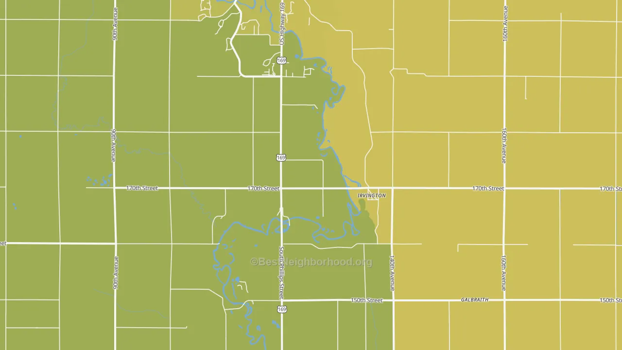 Map of the best neighborhoods in the Irvington area, with better matches in green and worse matches in red