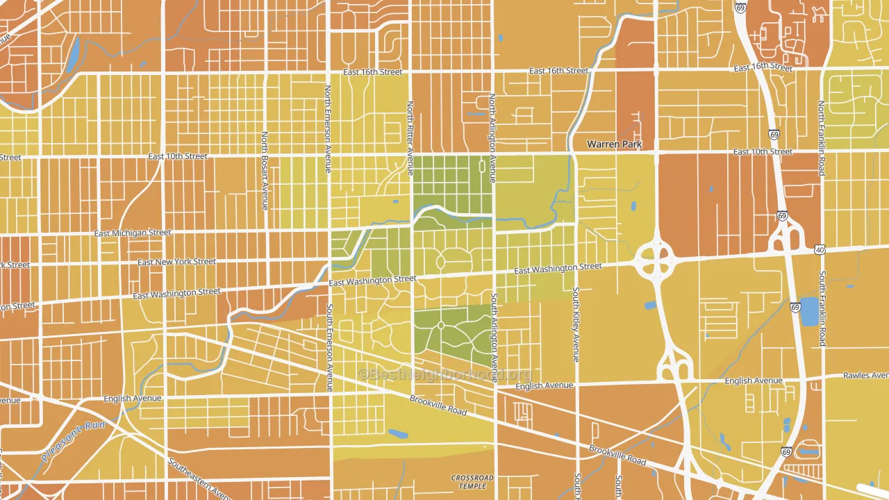 Map of the best neighborhoods in the Irvington, Indianapolis area, with better matches in green and worse matches in red