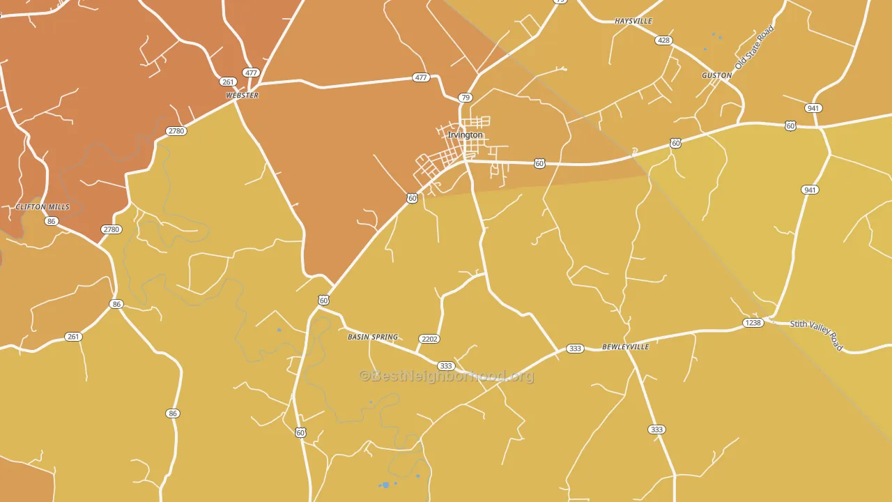 Map of the best neighborhoods in the Irvington area, with better matches in green and worse matches in red