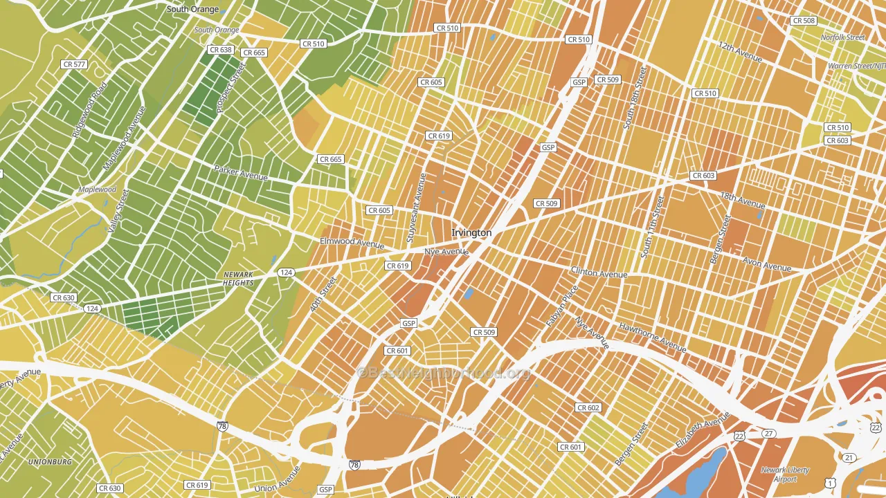 Map of the best neighborhoods in the Irvington area, with better matches in green and worse matches in red