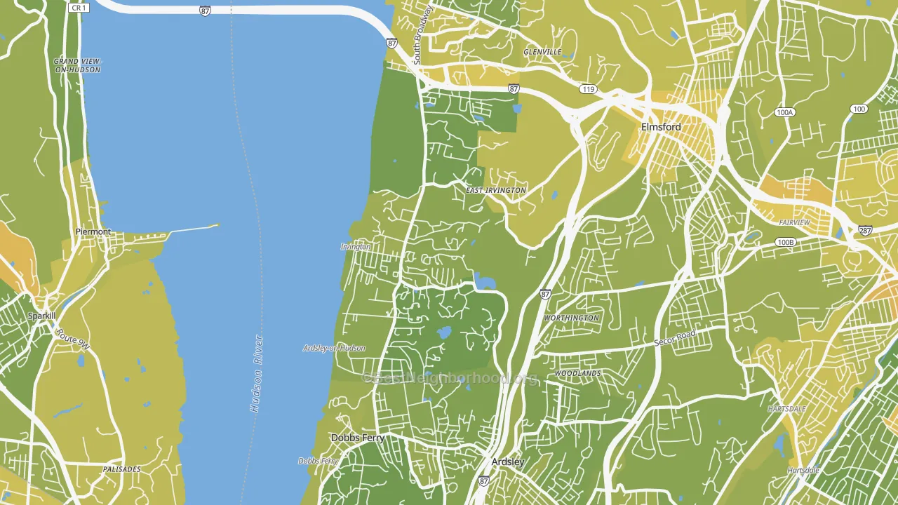 Map of the best neighborhoods in the Irvington area, with better matches in green and worse matches in red