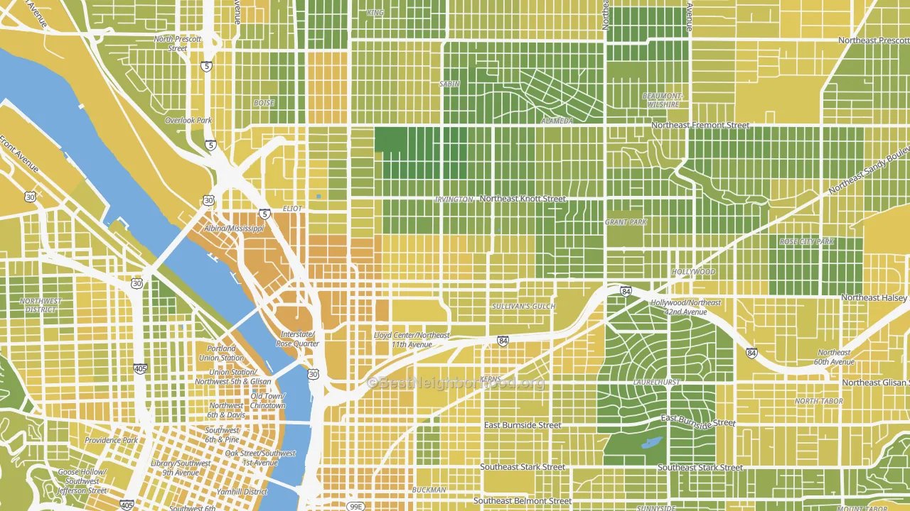 Map of the best neighborhoods in the Irvington, Portland area, with better matches in green and worse matches in red