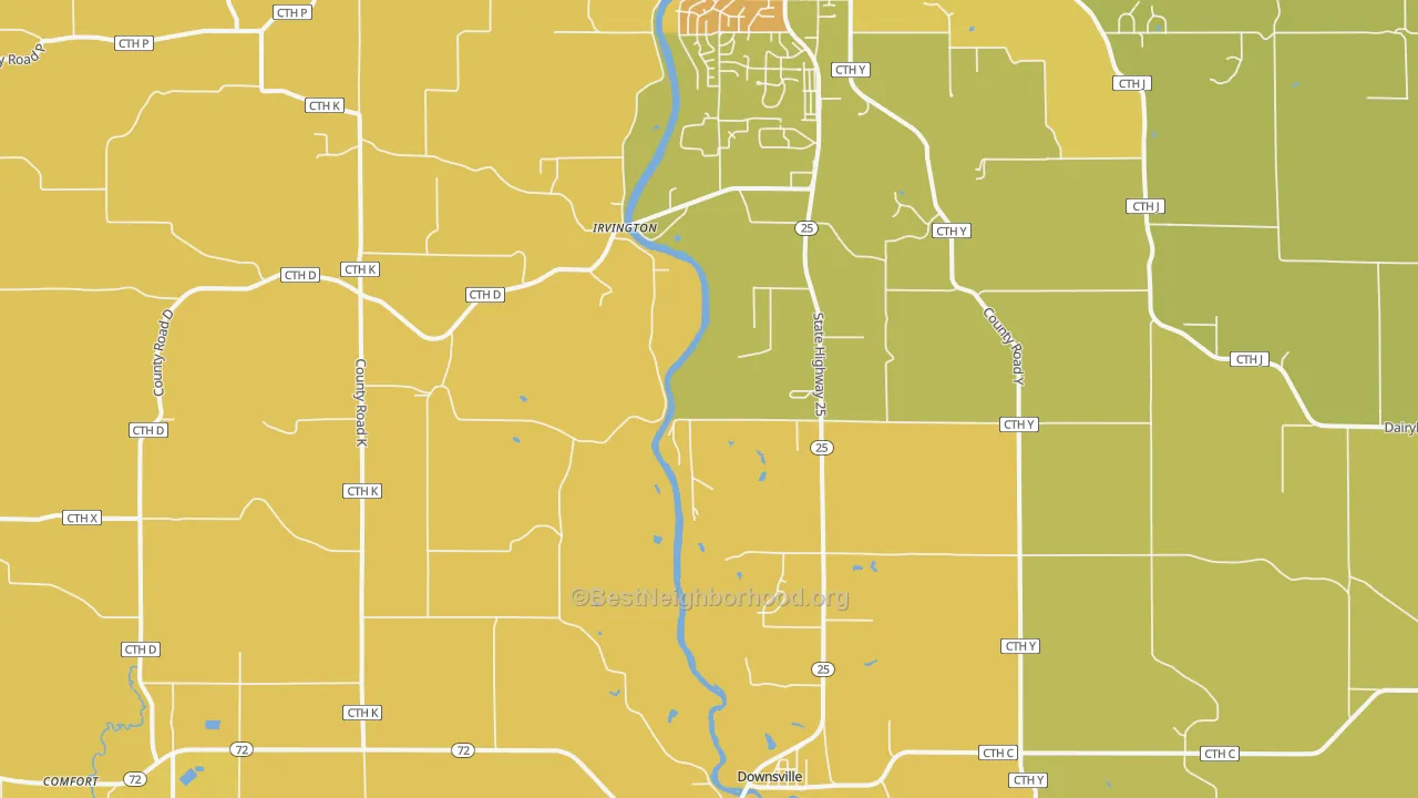 Map of the best neighborhoods in the Irvington area, with better matches in green and worse matches in red