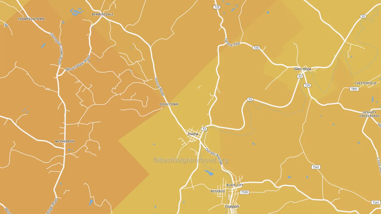 Map of the best neighborhoods in the Irvona area, with better matches in green and worse matches in red
