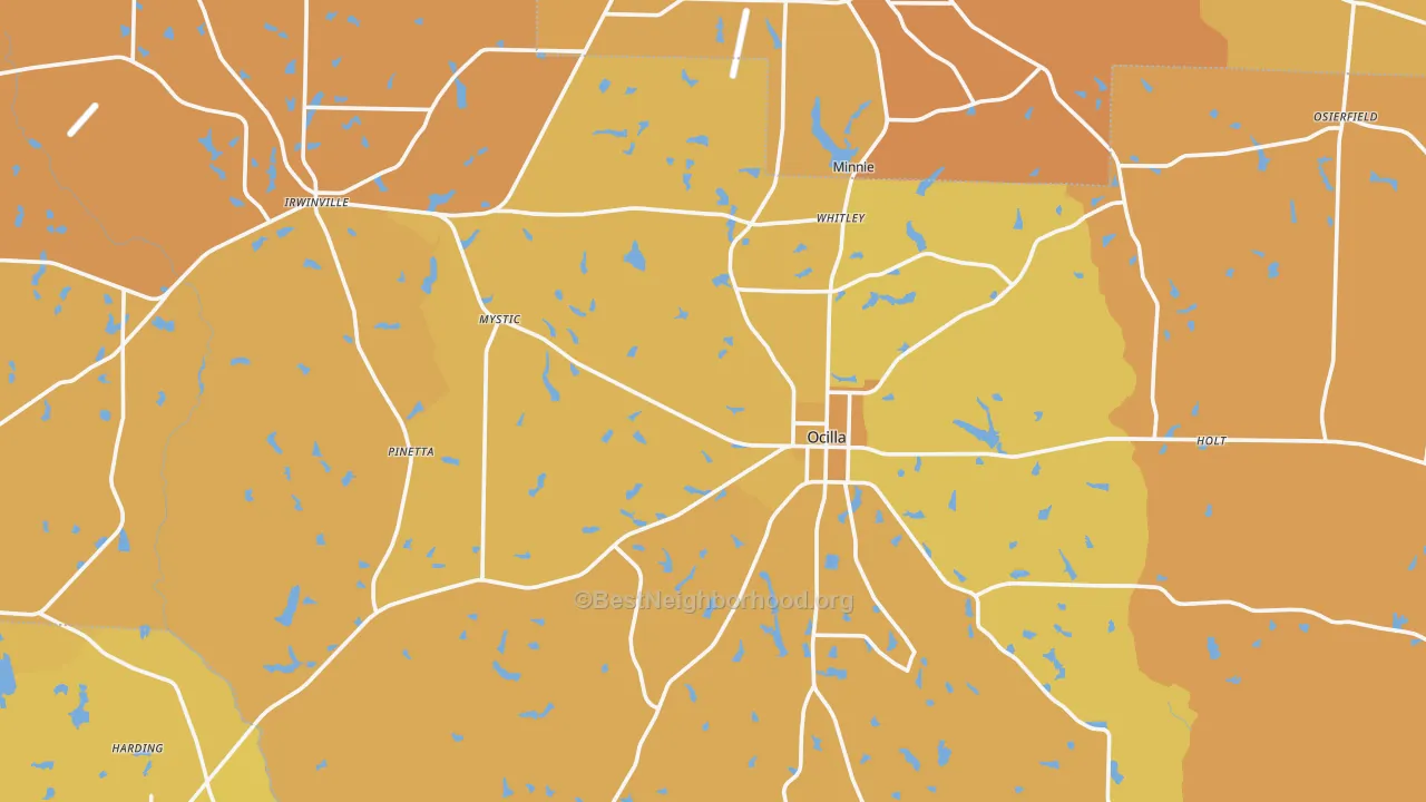 Map of the best neighborhoods in the Irwin County area, with better matches in green and worse matches in red
