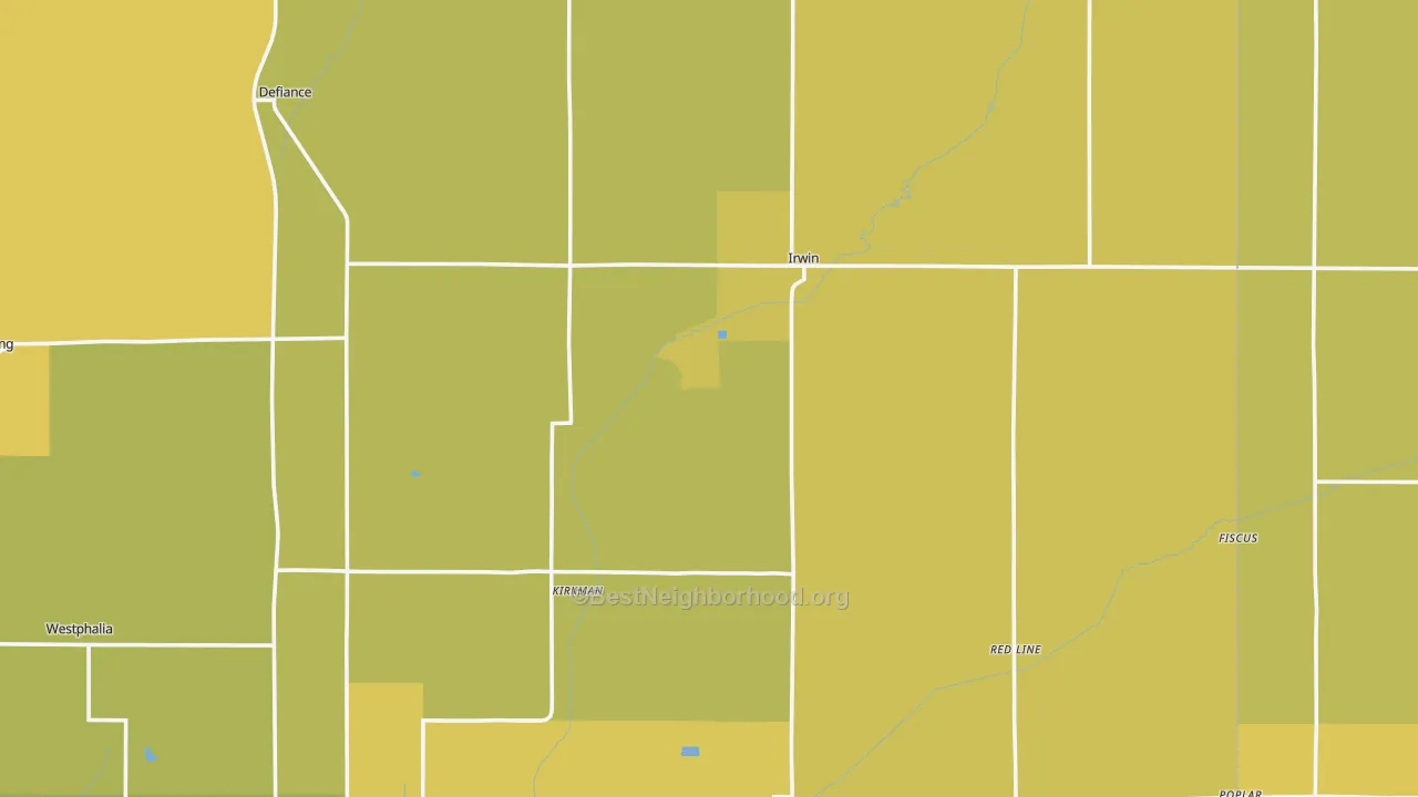 Map of the best neighborhoods in the Irwin area, with better matches in green and worse matches in red